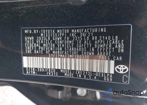 2021 Toyota Corolla Le из США, поврежденный, VIN 5YFEPMAE3MP260326